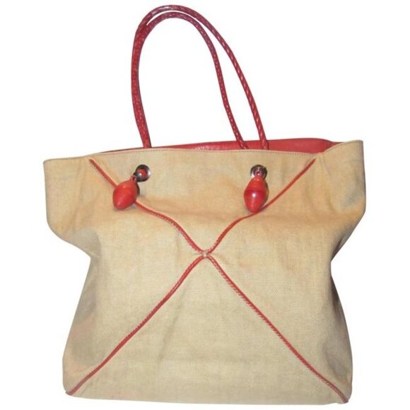 Bottega Veneta Beige BOHO Canvas Fabric With Red Braided Leather